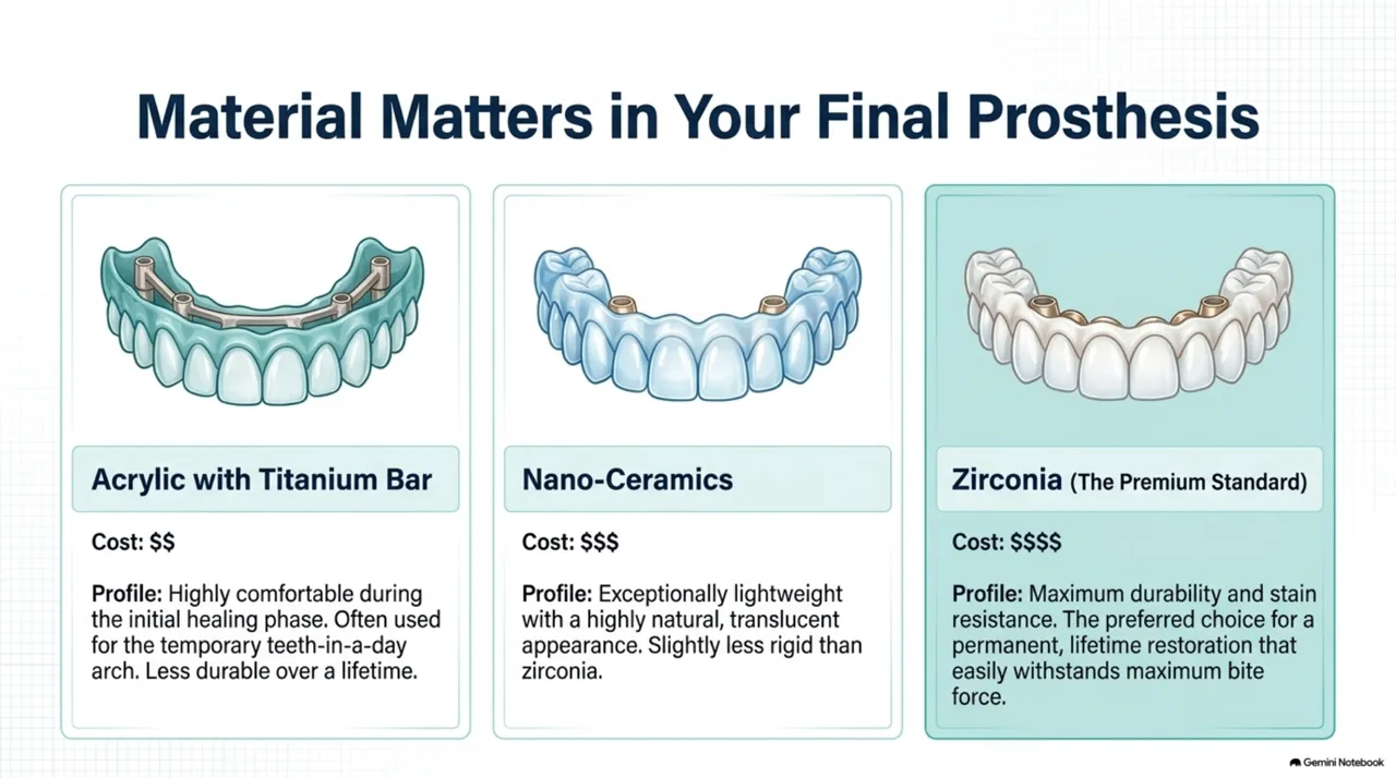 Slide 5: Objective comparison table of dentures, traditional implants, and All-on-4