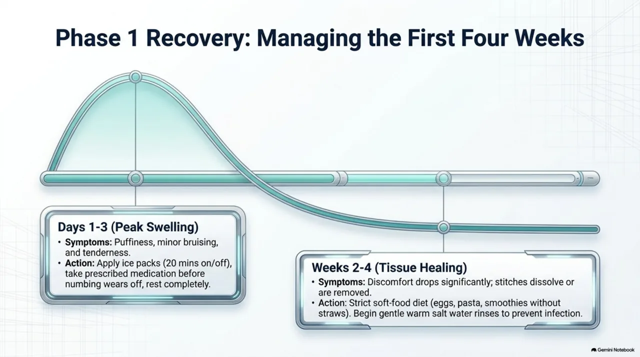 Slide 10: Recovery timeline — discomfort peaks day 3 while bone fusion continues 6 months