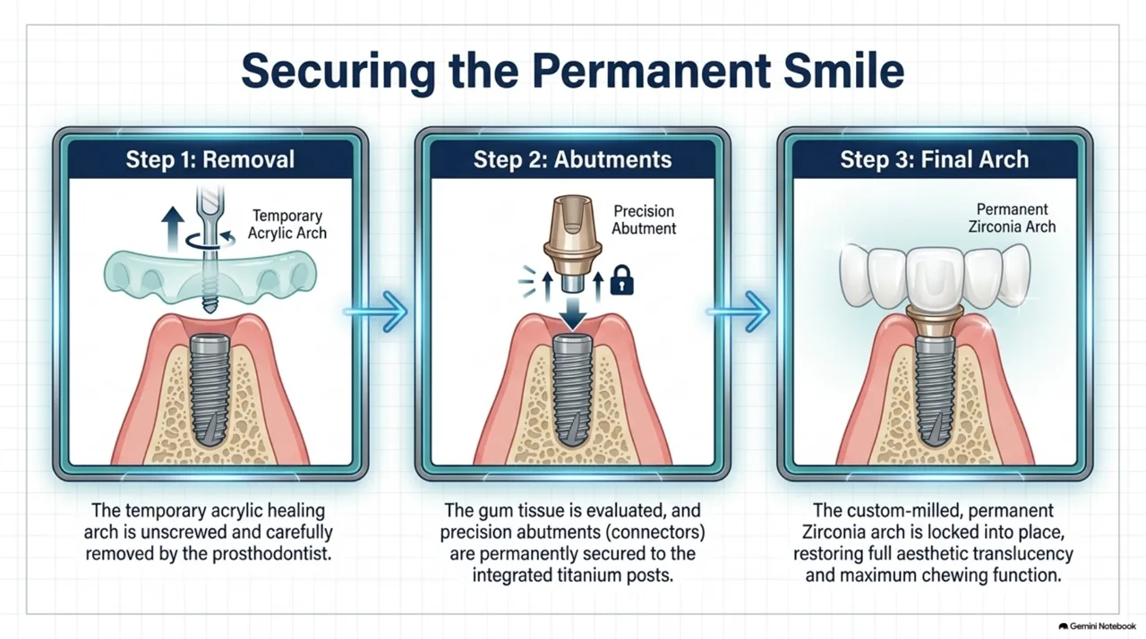 Slide 12: Phase 2 — osseointegration weeks 5-12, osteoblasts fusing with the titanium post
