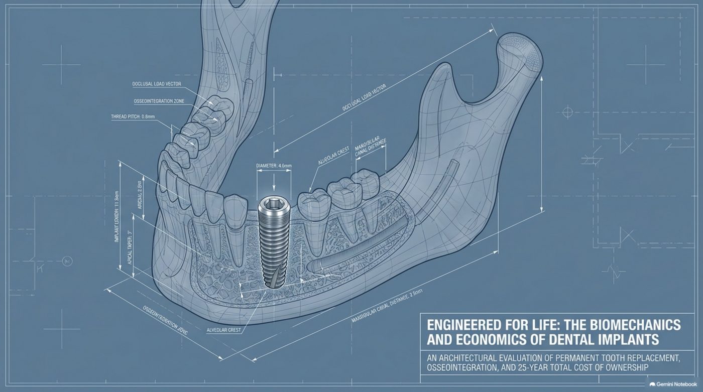 Engineering blueprint on the deck cover showing a dental implant cross-section with the occlusal load vector, 0.8mm thread pitch, 4.6mm diameter, osseointegration zone, alveolar crest, apical taper, and mandibular canal clearance