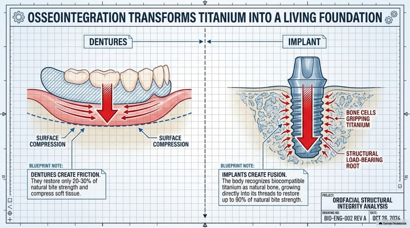 Drawing BIO-ENG-002 comparing a denture that compresses soft tissue against a titanium implant whose threaded surface is gripped directly by bone cells as a structural load-bearing root