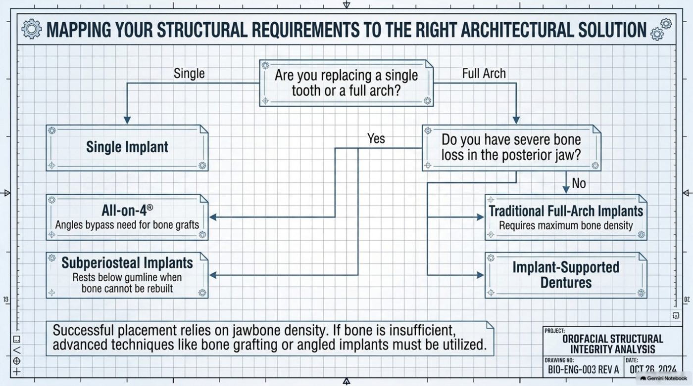 Decision-tree drawing BIO-ENG-003 branching from a single tooth or full arch question into single implant, All-on-4, traditional full-arch implants, subperiosteal implants, and implant-supported dentures
