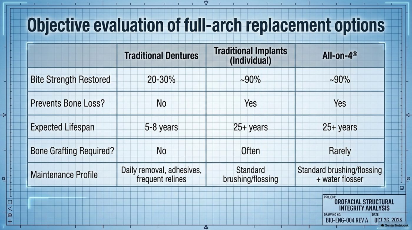 Engineering comparison matrix of traditional dentures, individual implants and All-on-4 across bite strength, bone loss, lifespan, grafting and maintenance rows