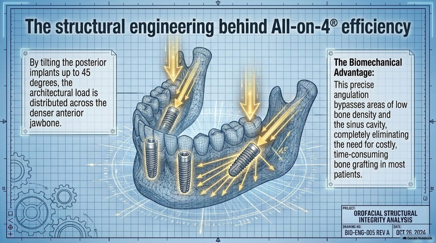 Structural blueprint showing posterior All-on-4 implants tilted up to 45 degrees so load is distributed into the denser anterior jawbone and away from the sinus cavity