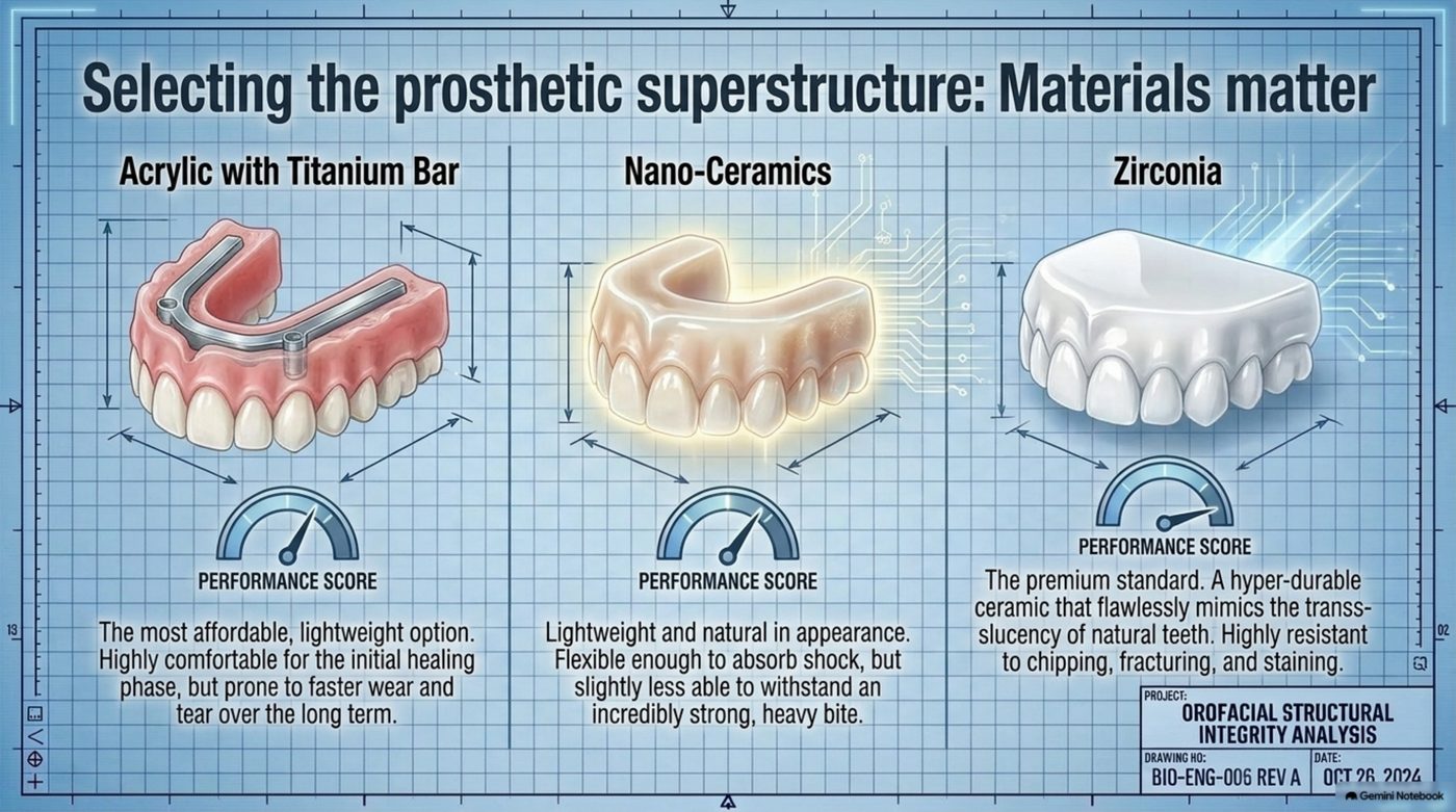 Drawing BIO-ENG-006 comparing the acrylic-with-titanium-bar, nano-ceramic, and zirconia prosthetic superstructure options