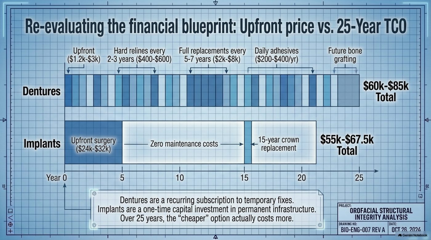 Drawing BIO-ENG-007 comparing denture and implant costs across a 25-year ownership timeline