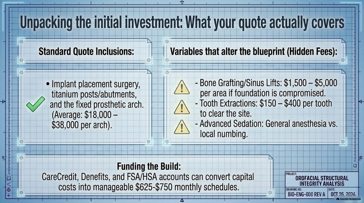 Slide 09 blueprint comparing standard implant quote inclusions against hidden fees like bone grafting, extractions, and sedation, with $625 to $750 monthly financing schedules