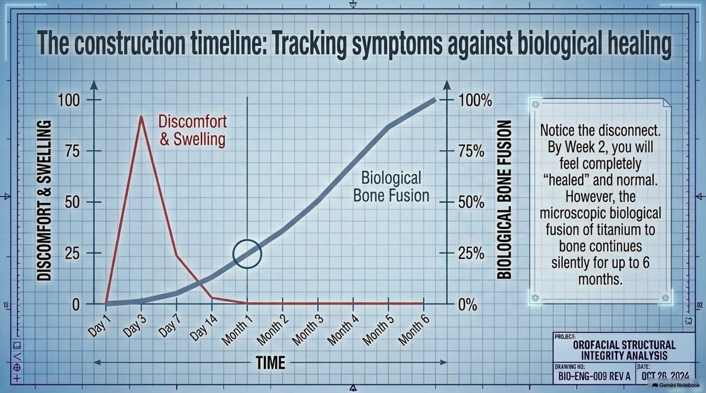 Slide 10 chart tracking discomfort and swelling against biological bone fusion on a 0 to 100 scale across Day 1, Day 3, Day 7, Day 14, and Months 1 through 6, showing 50 percent fusion at week two