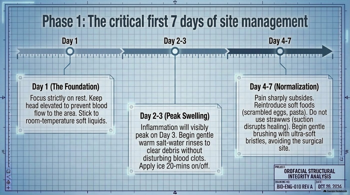 Day-by-day phases of the first seven days after dental implant surgery, from rest and head elevation on day one to peak swelling on day three and normalization by day seven