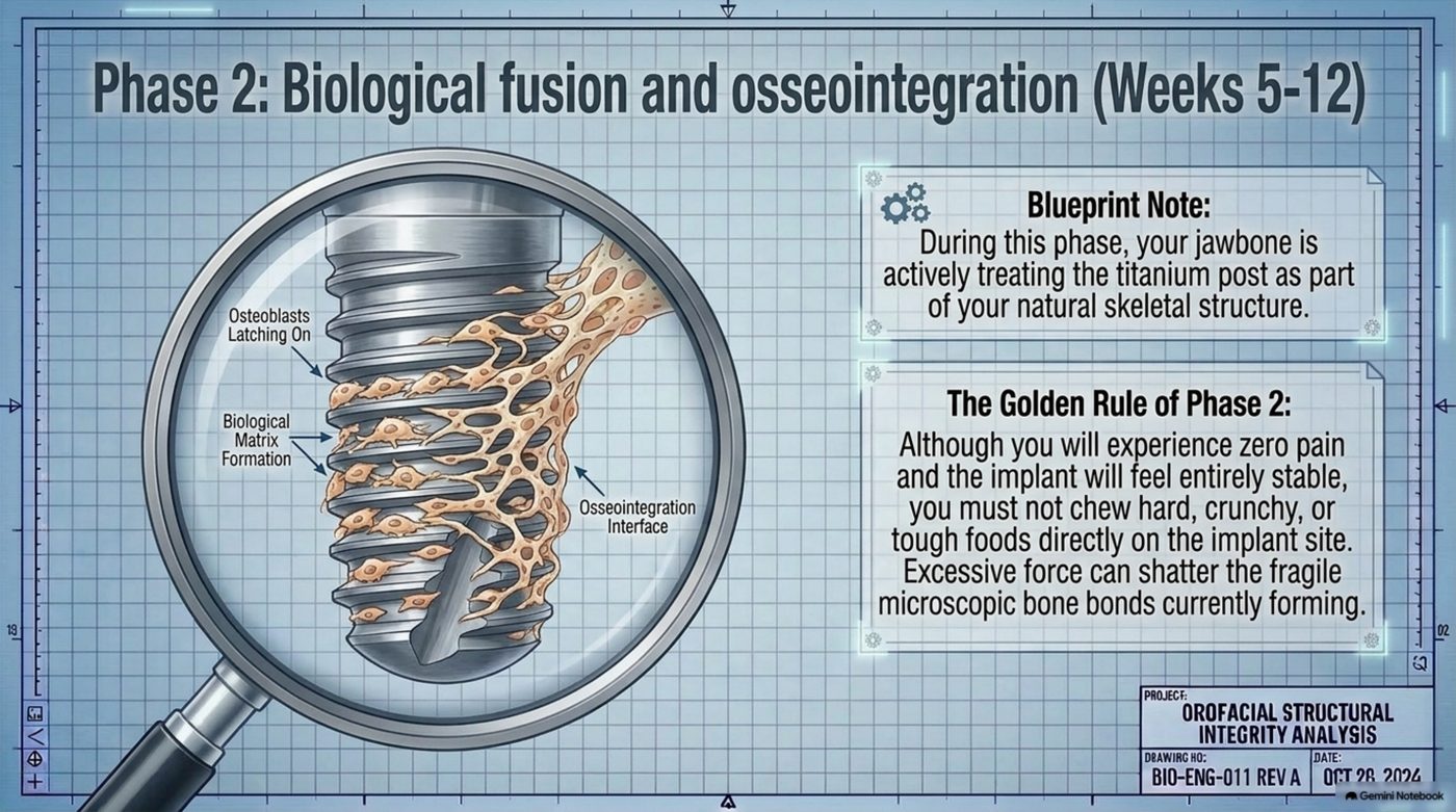 Stages of osseointegration in weeks five to twelve, showing osteoblasts latching onto the titanium implant, biological matrix formation, and the developing bone-to-implant interface
