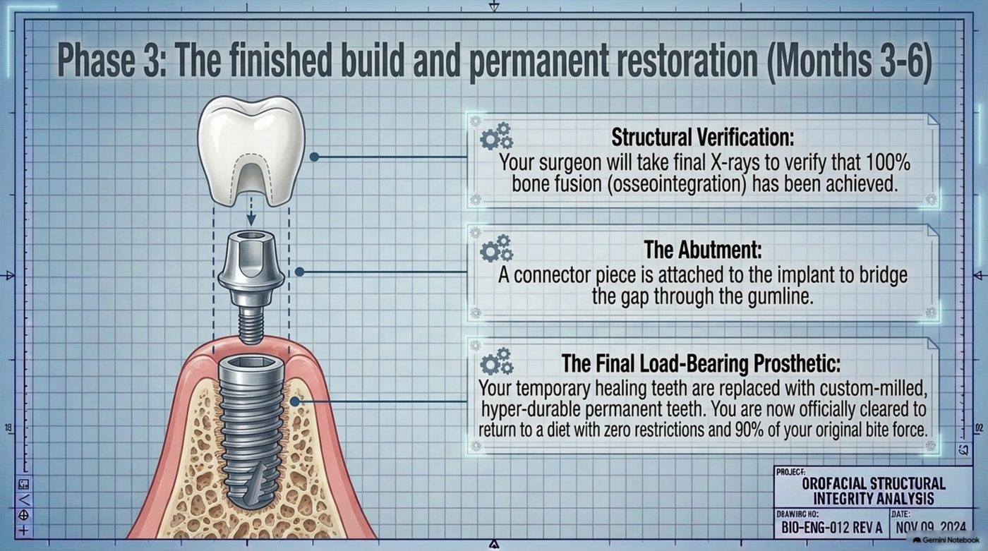 Engineering-style diagram of Phase Three of a full-arch dental implant build, showing final X-ray structural verification of 100 percent bone fusion at the implant, the abutment connector bridging the gum line, and the permanent load-bearing prosthetic arch being fitted