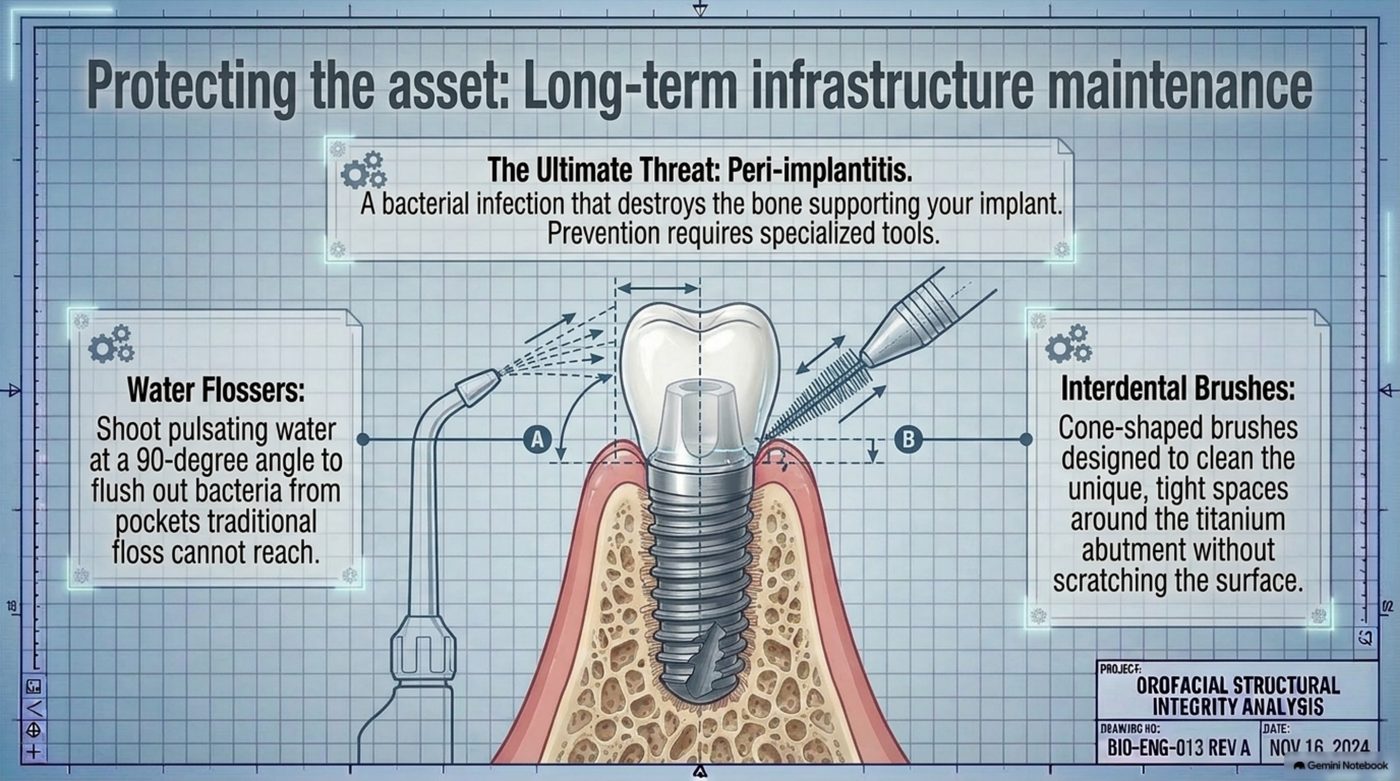 Engineering-style maintenance diagram of a full-arch dental implant showing the threat of peri-implantitis destroying supporting bone, a water flosser aimed at a 90-degree angle into the gum pocket, and a cone-shaped interdental brush cleaning around the titanium abutment
