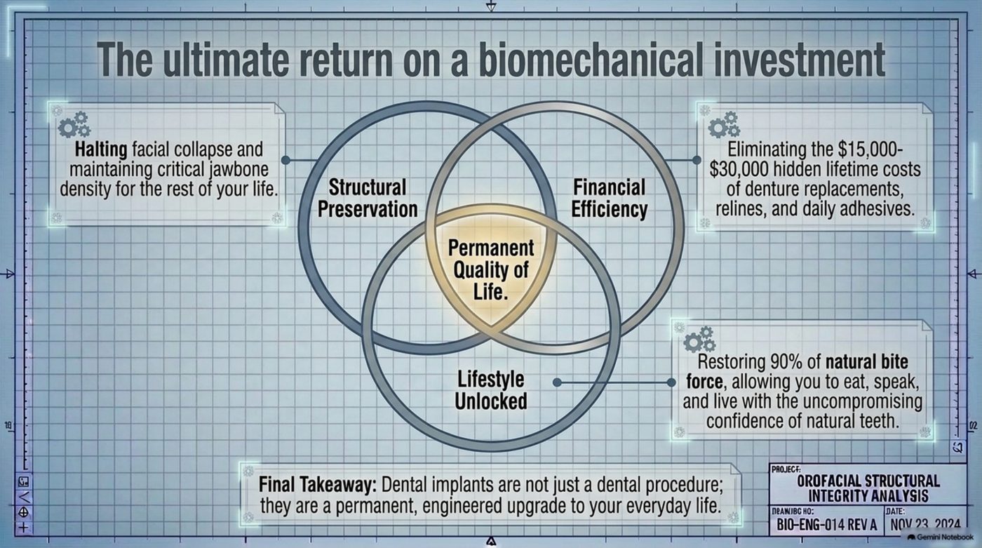 Closing structural blueprint BIO-ENG-014 summarizing the three returns of a permanent dental implant: halted facial collapse with preserved jawbone density, $15,000 to $30,000 in eliminated denture costs, and 90% of natural bite force restored