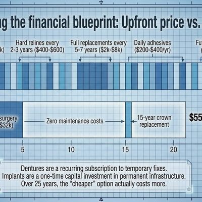 Upfront Price vs. 25-Year Cost of Ownership: Dentures and Implants